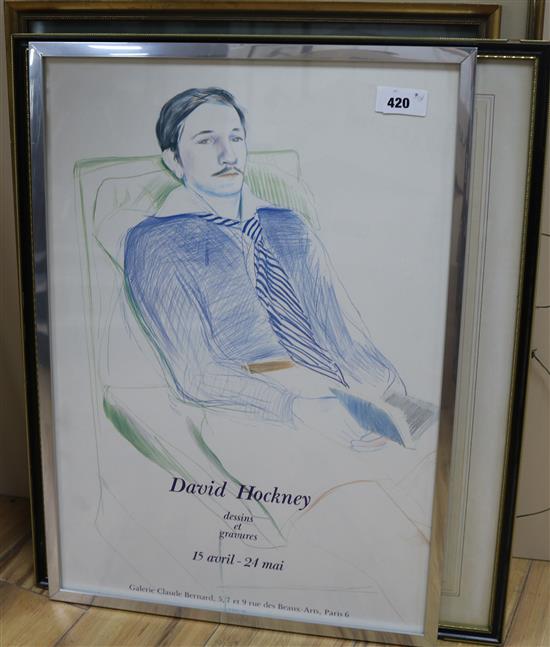 A David Hockney Exhibition poster, a map of Wiltshire and three other prints